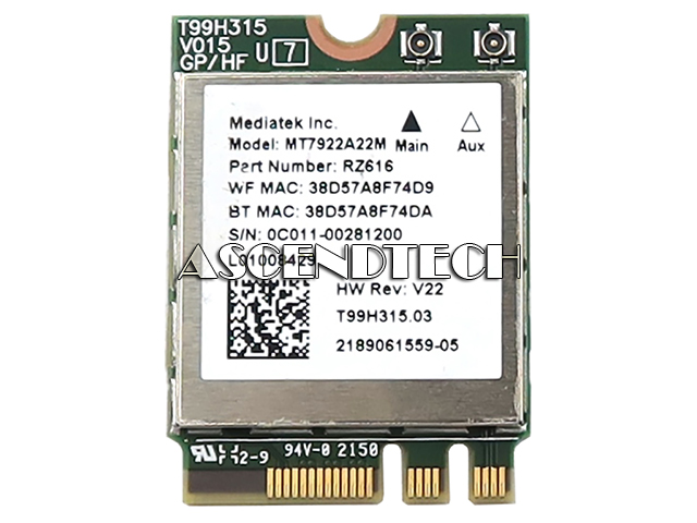 Mediatek Mt7922a22m M.2 2230 Wifi Card Mediatek Mt7922a22m M.2 2230 Wifi Card. Part Number: Rz616